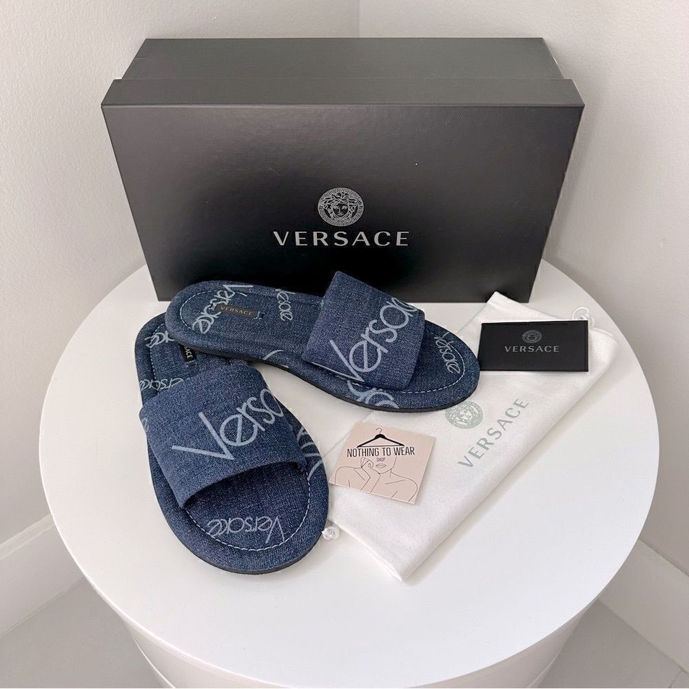 ⭕️ VERSACE Denim Slippers Sandals Blue Logo Women’s Designer 8.5